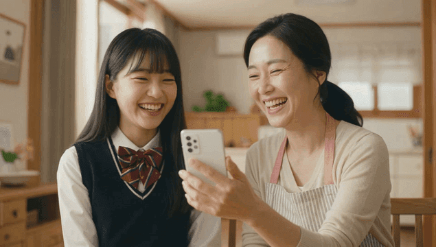 Mother and daughter smiling while looking at their cell phones