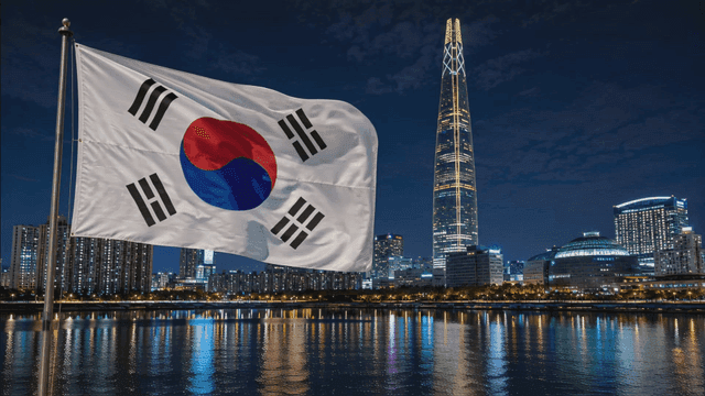 Korean flag waving with city skyline