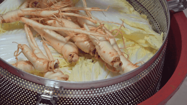 육수통에 들어가는 알배추와 인삼