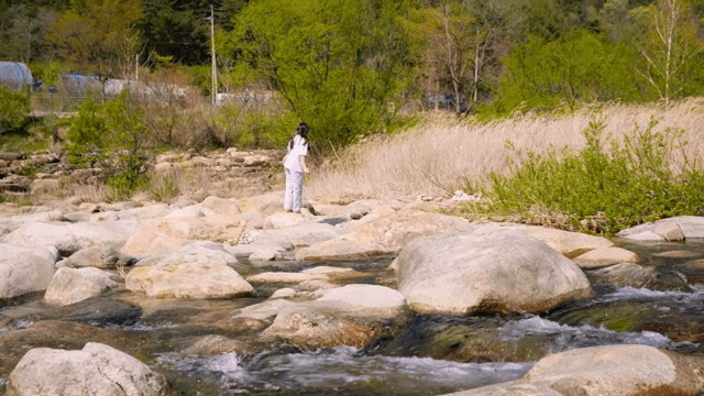 바위가 많은 강가를 탐험하는 아이