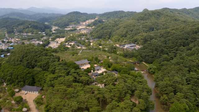 푸른 숲으로 둘러싸인 전통 한국 마을
