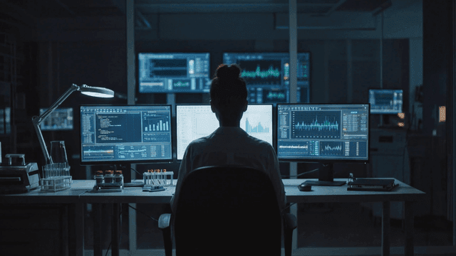 Back view of researcher analyzing scientific research data across multiple screens