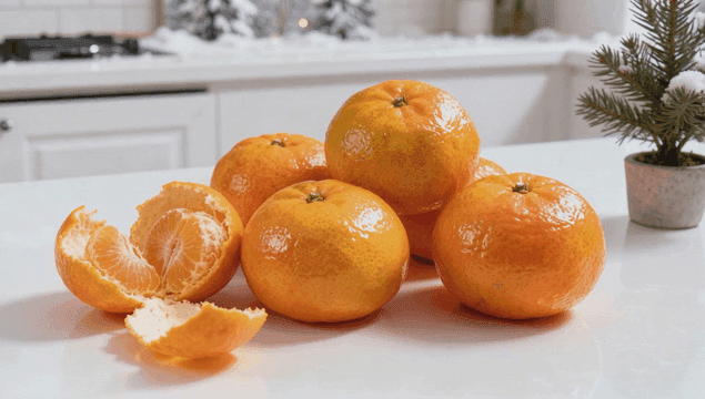 주방 카운터 위의 신선한 귤