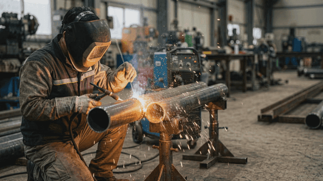 Worker welding metal pipes in factory.