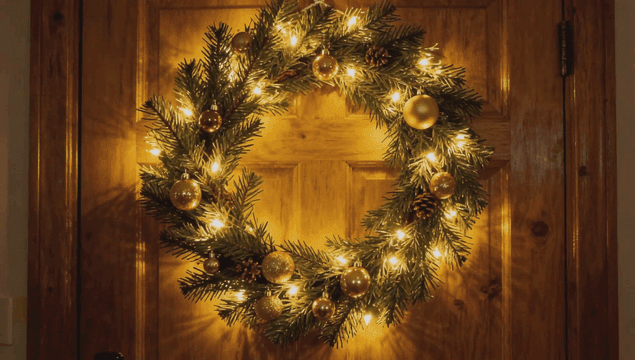 나무 문에 걸린 빛나는 크리스마스 화환