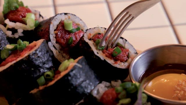 Yukhoe Gimbap Soaked in Sauce Filled with Meat