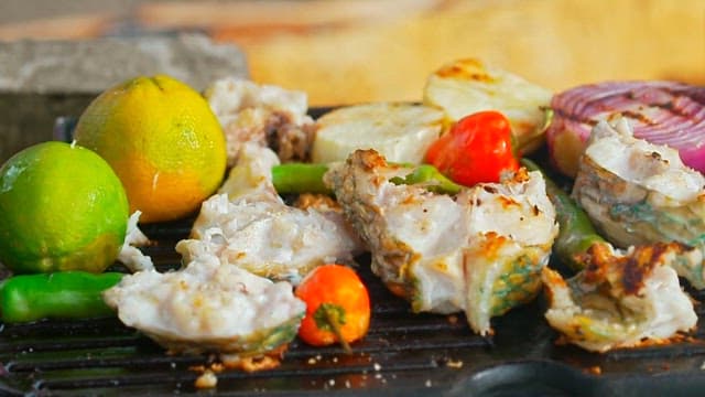 Fresh parrotfish and colorful vegetables grilled on an outdoor barbecue grill