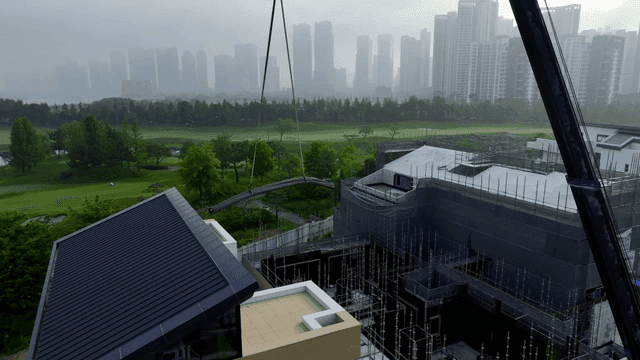 Construction site with cranes and cityscape