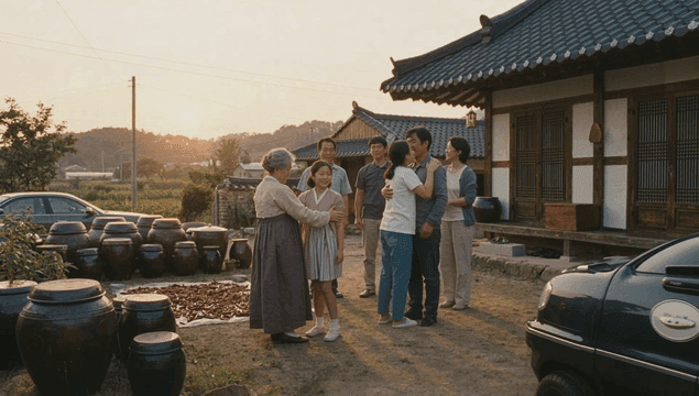 Family reunion in a traditional Korean yard
