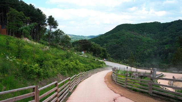 Scenic walking path in a green area with wooden fences on both sides overlooking the mountains