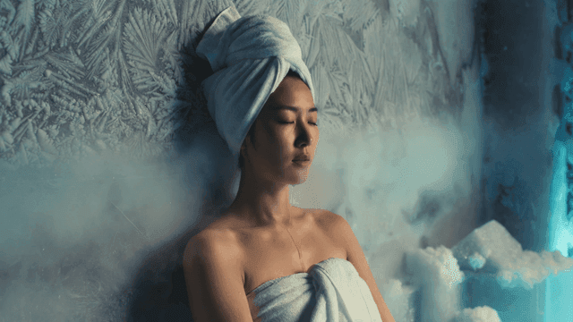 Woman relaxing in cold steam room