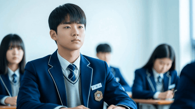 Male student sitting at desk during class