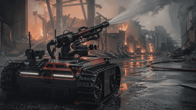 A firefighting robot extinguishing a blaze