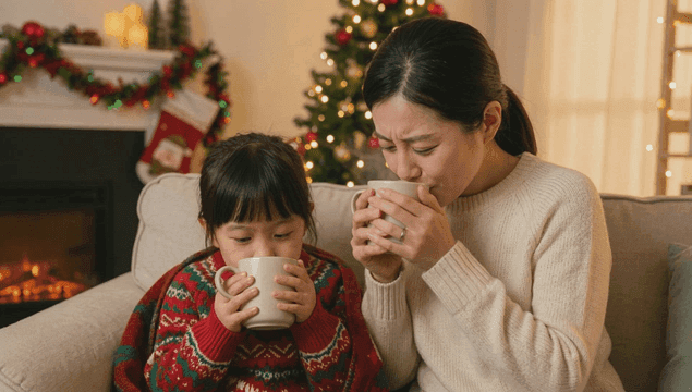 벽난로 옆에서 차를 즐기는 모녀