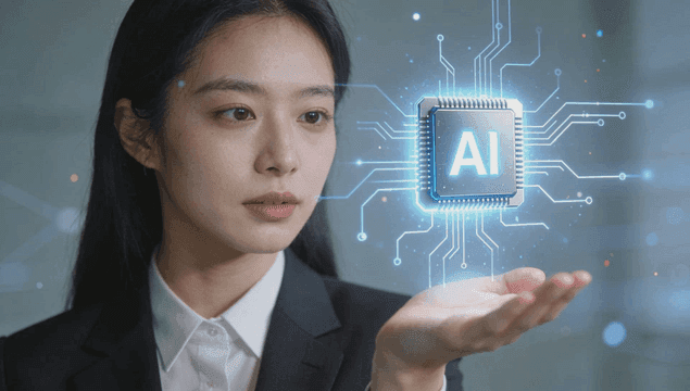 Woman looking at AI chip