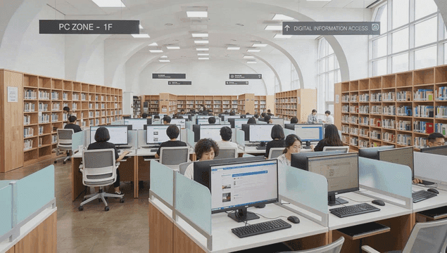 도서관 PC 존에서 컴퓨터를 이용하는 사람들
