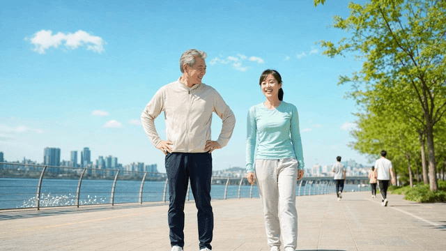 Elderly man and his daughter exercising by river