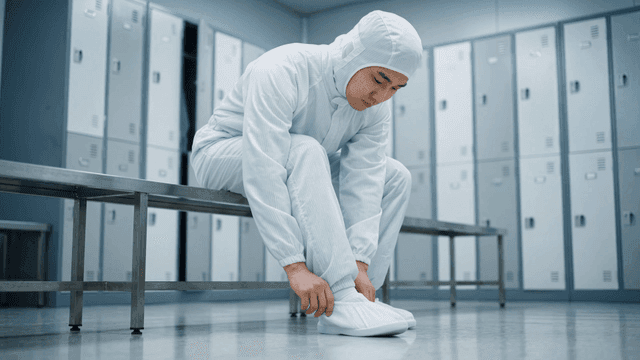 Worker wearing cleanroom attire and dustproof suits over their shoes