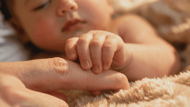 어른의 손가락을 부드럽게 잡고 있는 갓난 아기