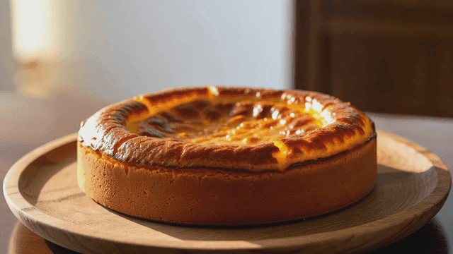 Freshly baked cheesecake on wooden plate