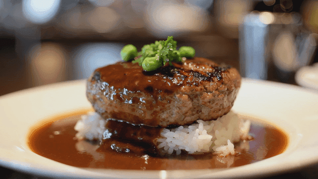 Hamburg steak served over rice with sauce