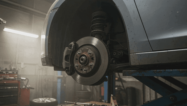 자동차 수리점에서 리프트에 있는 차