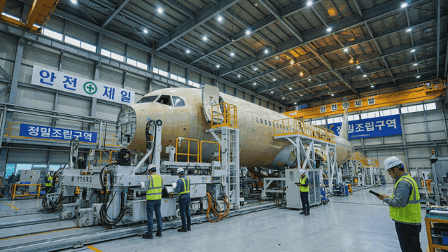 Workers assembling aircraft in large factory