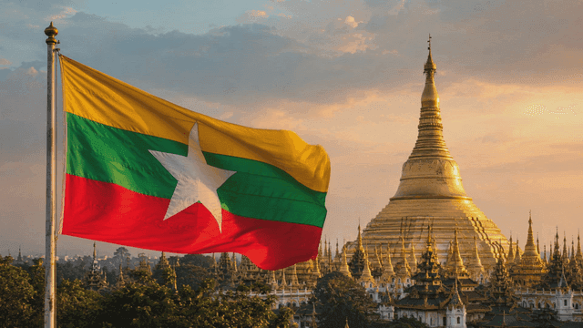Myanmar flags fluttering near Golden Pagoda