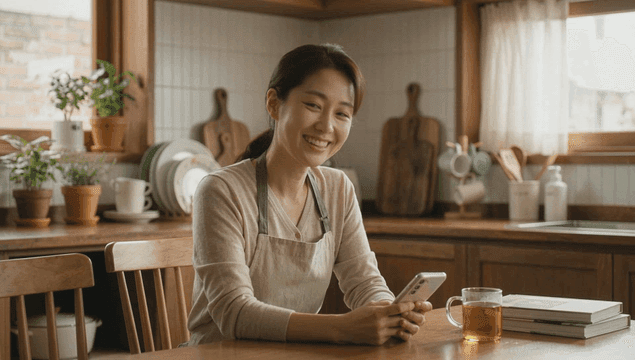 스마트폰을 사용하는 미소 짓는 여성