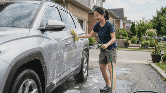 Woman washing her car at home