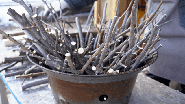 화구에 가득 담긴 잘린 나뭇가지들