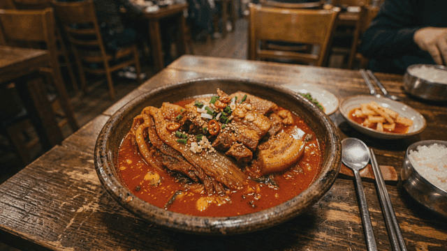 Bowl of kimchi stew in cozy restaurant