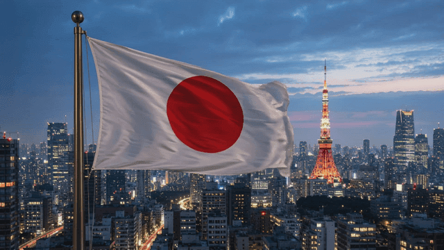 Japanese flag fluttering in city night view