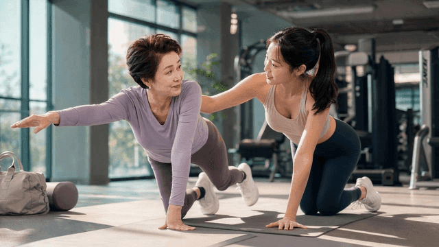 Female trainer helping elderly woman with yoga poses
