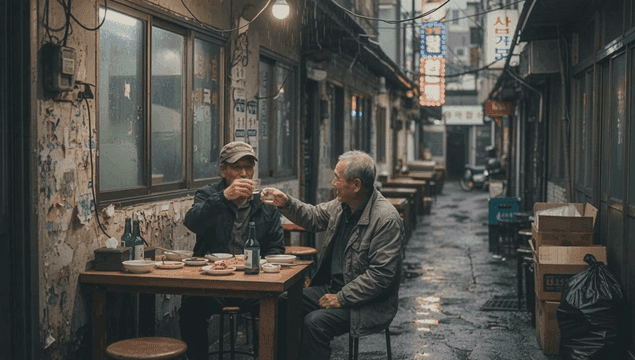 Two elderly men enjoying drinks in an alley