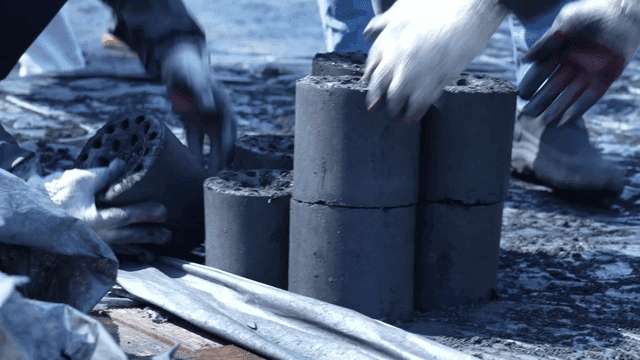 Volunteers carrying briquettes