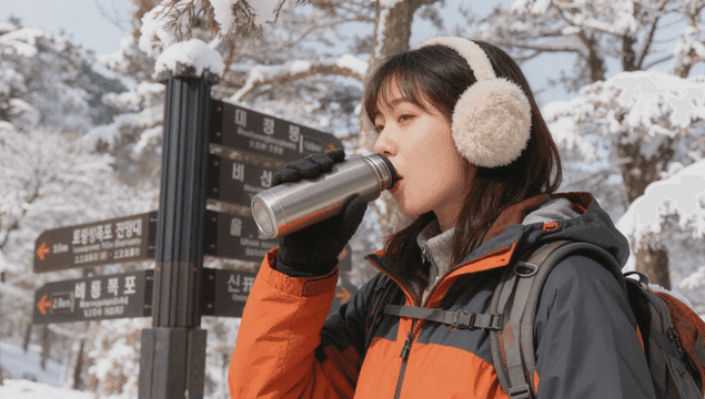 눈 덮인 숲 이정표 옆에서 보온병으로 따듯한 음료를 마시는 여성
