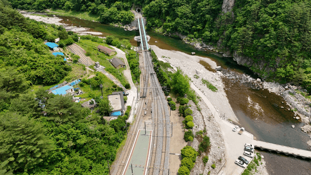 Railway tracks through a lush green valley