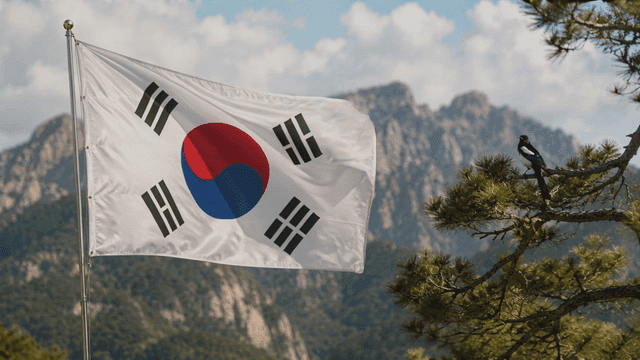 Magpie and fluttering Taegeukgi against mountain backdrop