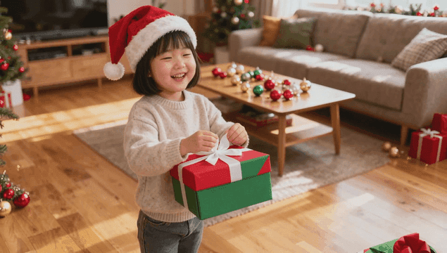 축제 분위기에서 선물 상자를 든 여자아이