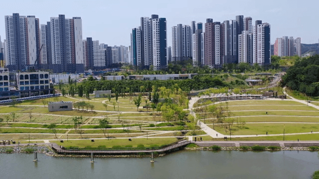 Modern cityscape with a green park