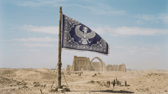 Ancient desert ruins and Greek Orthodox flag
