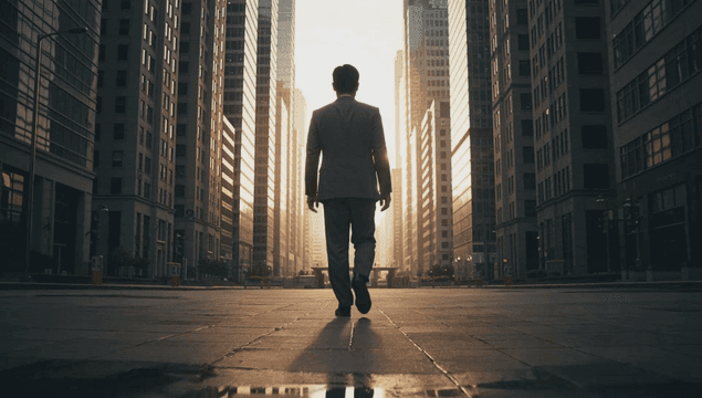 Back of a man walking in the city at sunrise