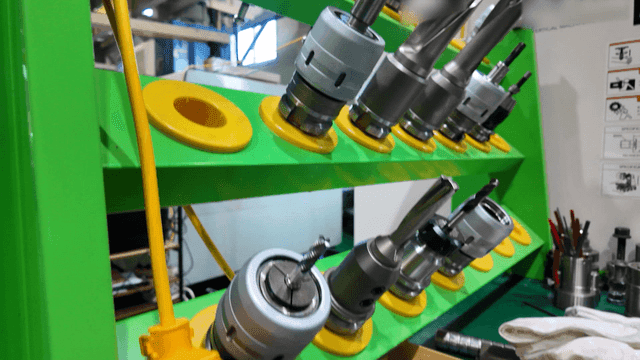 Various machine tools organized on a rack