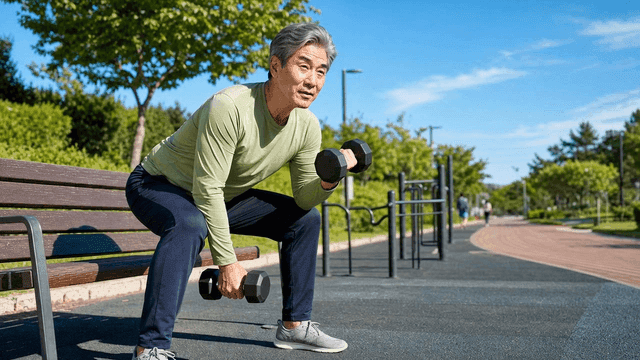 Man exercising with dumbbells on park bench
