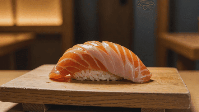 Salmon sushi on a wooden board