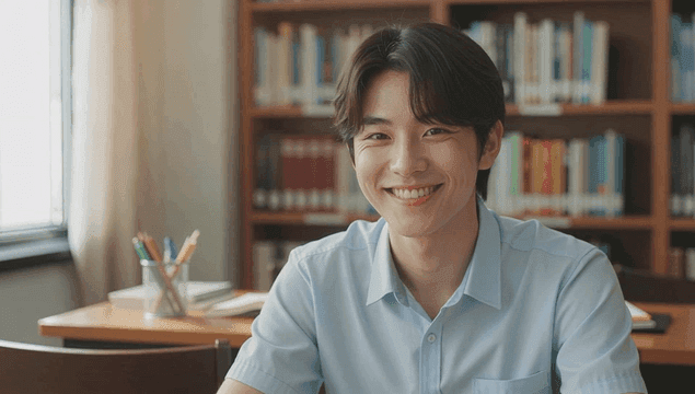 Young man smiling in library