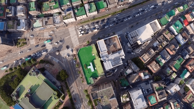 Aerial view of a busy urban intersection