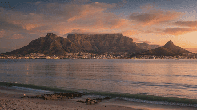 Serene beach sunset with mountains in background