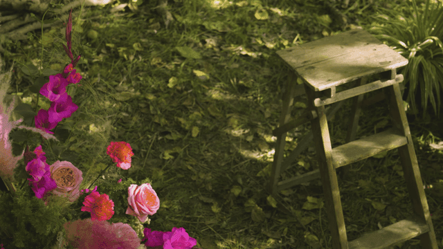 Colorful flowers and a wooden stool in a garden